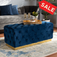 Baxton Studio WS-4228-Navy Blue Velvet/Gold-Otto Corrine Glam and Luxe Navy Blue Velvet Fabric Upholstered and Gold PU Leather Ottoman